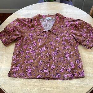 Polagram collared button down floral blouse with puff shirt sleeves size Large